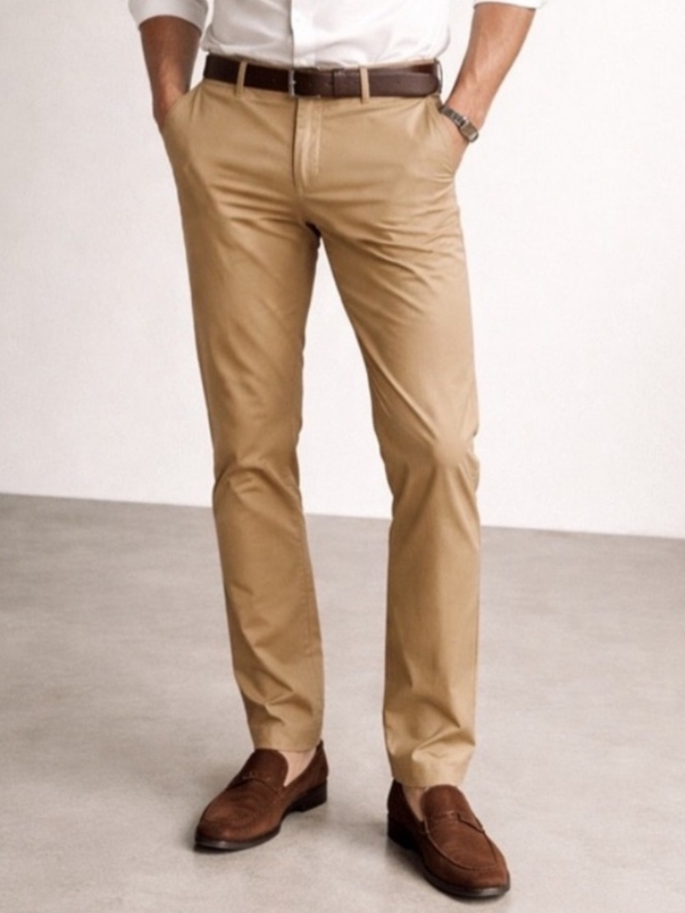 ZARA MAN Khaki Chinos 36x33 Straight Leg Mid Rise w Leather Belt